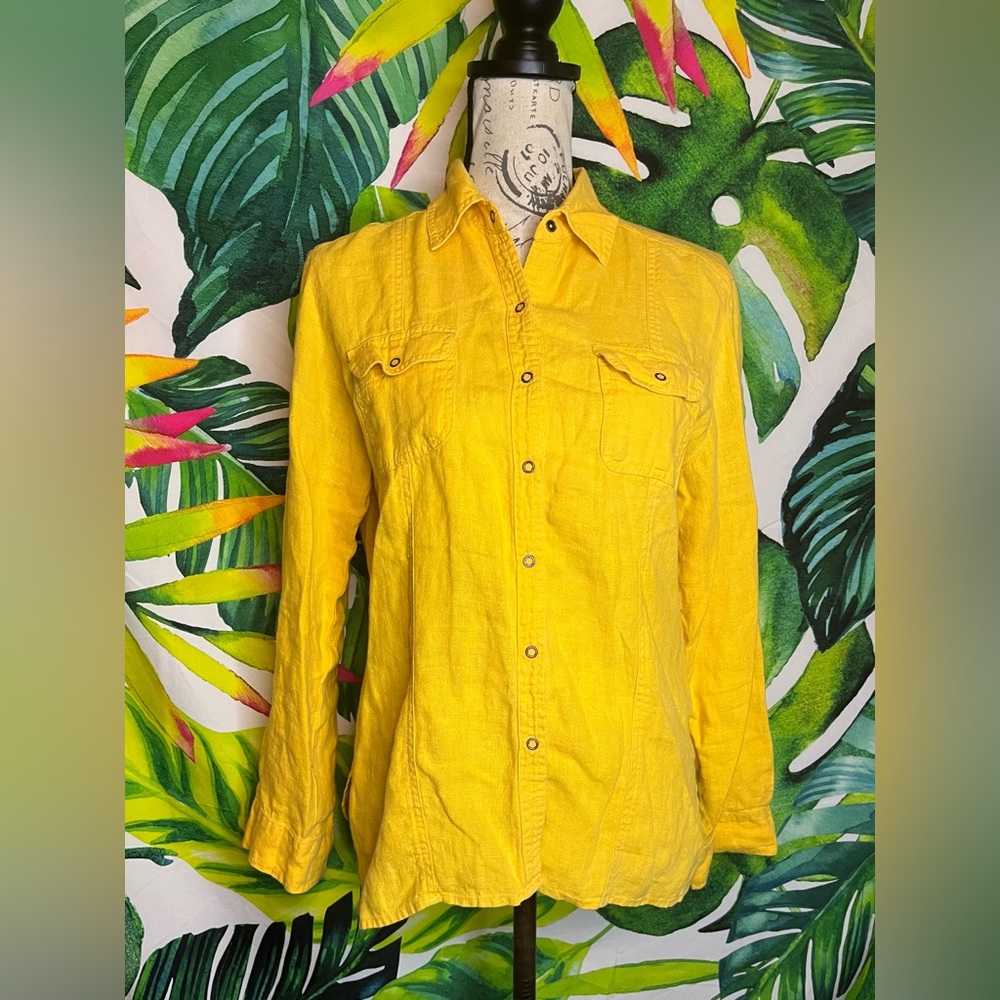 Y2K Chico’s S/4 Yellow 100% Linen Resort Wear Preppy Summer Snap Close Shirt
